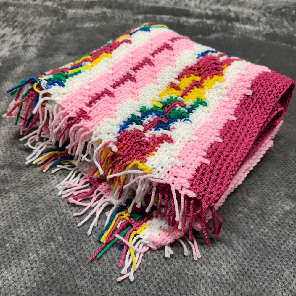 Handmade Crochet Afghan Blanket Pink White Striped Fringe Throw 25x60‎